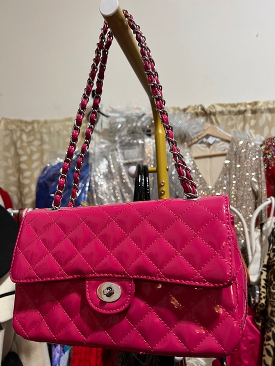 Handbags - Quilted Chain-Accent Shoulder Bag in Hot Pink